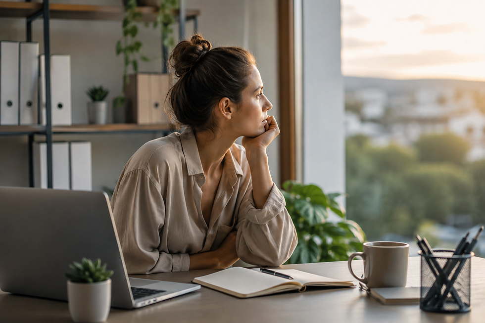 Une professionnelle assise à son bureau regarde pensivement par la fenêtre, illustrant les questionnements liés à la fatigue, à la perte de sens et à l'envie de changer de travail.