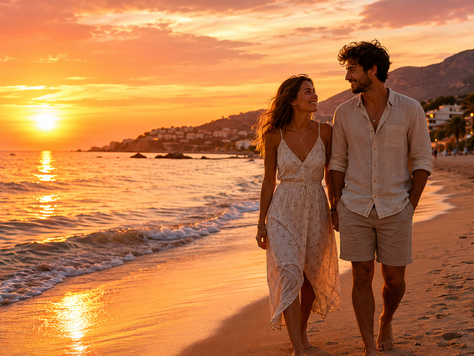 Couple marchant côte à côte sur une plage au coucher du soleil, illustrant un amour de vacances naissant.