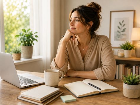 Une professionnelle réfléchit devant son ordinateur dans un bureau lumineux, reprenant confiance en ses compétences grâce à une approche bienveillante et progressive.