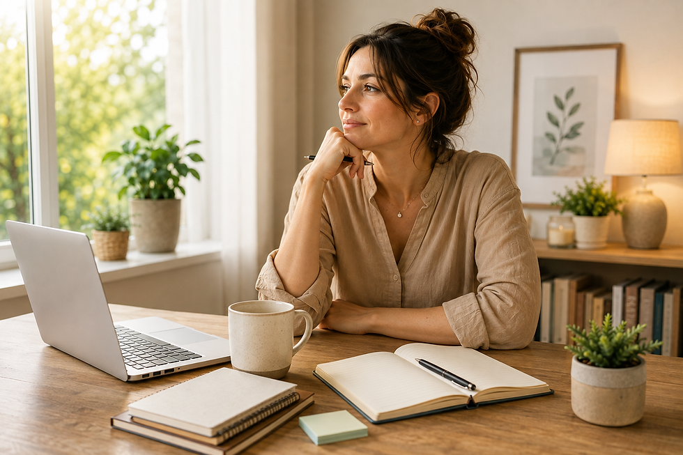 Une professionnelle réfléchit devant son ordinateur dans un bureau lumineux, reprenant confiance en ses compétences grâce à une approche bienveillante et progressive.