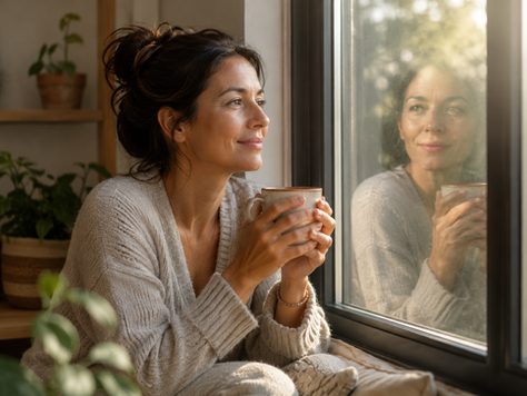 Femme regardant son reflet dans une fenêtre avec douceur, illustrant l'amour de soi et la bienveillance envers soi-même