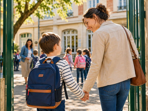 Un enfant entre pour la première fois dans une école primaire, accompagné de sa mère qui l'encourage avec un sourire rassurant.