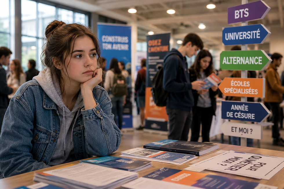 Jeune adolescente réfléchissant à son orientation lors d'un salon étudiant, entourée de panneaux indiquant différentes voies d'études comme BTS, université, alternance ou année de césure