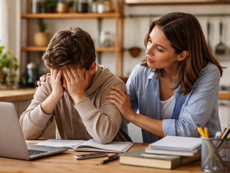 Une mère est assise auprès de son fils adolescent, qui regarde avec déception une feuille de résultats d'examen. Elle pose doucement une main sur son épaule pour le réconforter. Cette scène illustre l'importance du soutien parental après un échec scolaire