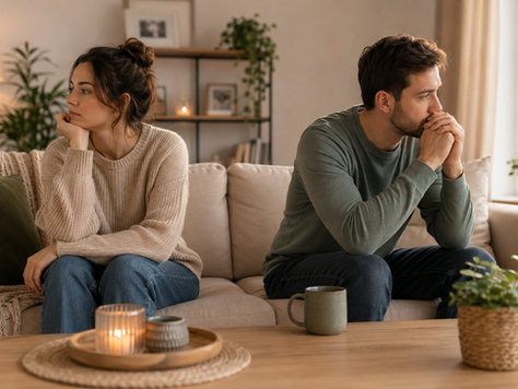 Un couple assis ensemble dans un salon semble distant et silencieux, chacun plongé dans ses pensées, illustrant le manque de communication et la perte progressive de dialogue dans la relation.