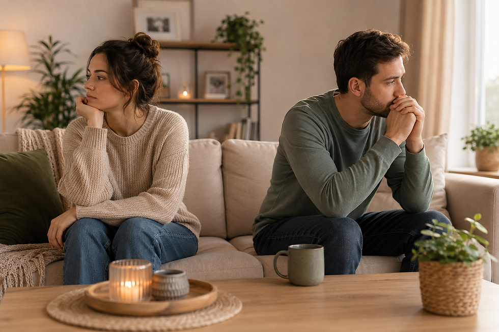 Un couple assis ensemble dans un salon semble distant et silencieux chacun plongé dans ses pensées, illustrant le manque de communication et la perte progressive de dialogue dans la relation