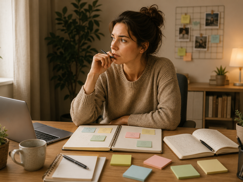 Une femme pensive organise plusieurs notes dans un carnet tout en réfléchissant aux différents scénarios possibles, illustrant le besoin de tout anticiper pour se sentir en sécurité