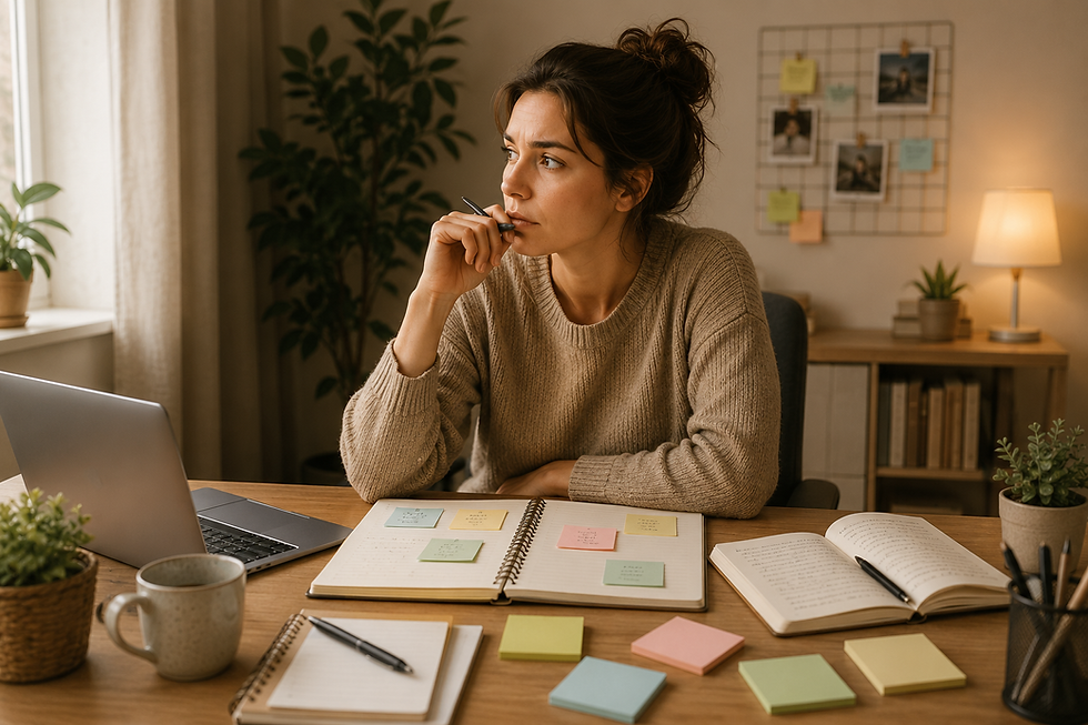 Une femme pensive organise plusieurs notes dans un carnet tout en réfléchissant aux différents scénarios possibles, illustrant le besoin de tout anticiper pour se sentir en sécurité
