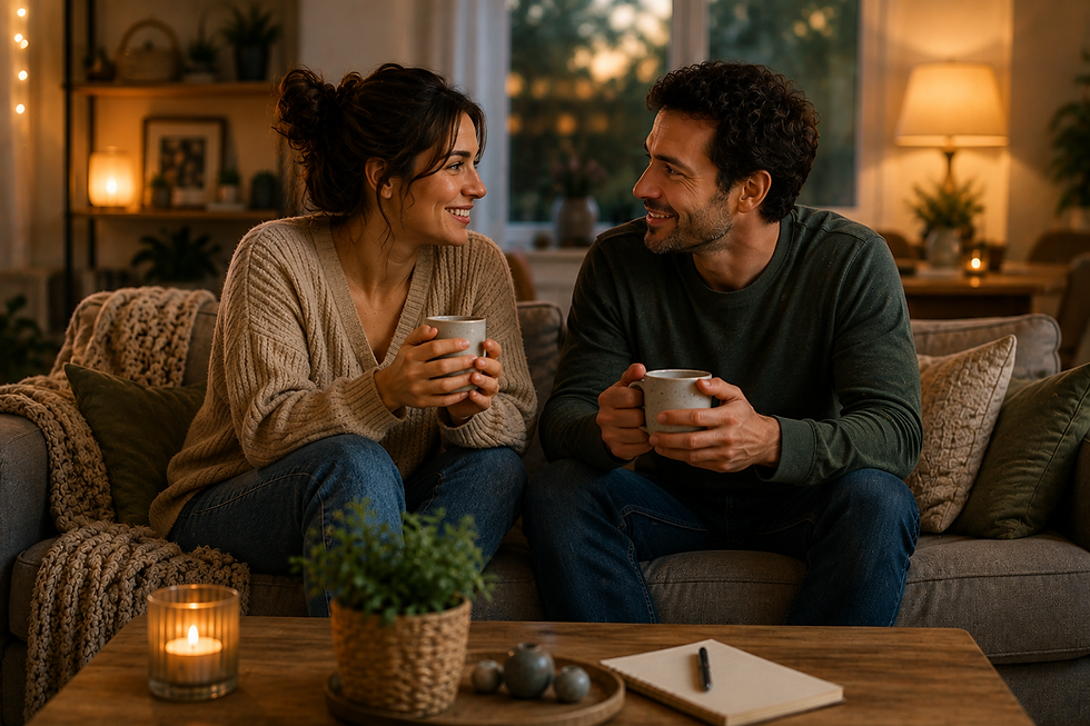 Un couple partage un café et un moment de complicité à 2 dans un salon chaleureux après une journée chargée, illustrant comment retrouver du temps pour son couple grâce à de petits moments du quotidien.