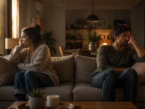 Deux adultes en couple sont assis à distance sur un canapé. L'un semble inquiet tandis que l'autre paraît émotionnellement fatigué. Cette scène illustre la peur de l'abandon dans le couple et l'épuisement que peut ressentir le partenaire qui rassure régulièrement.