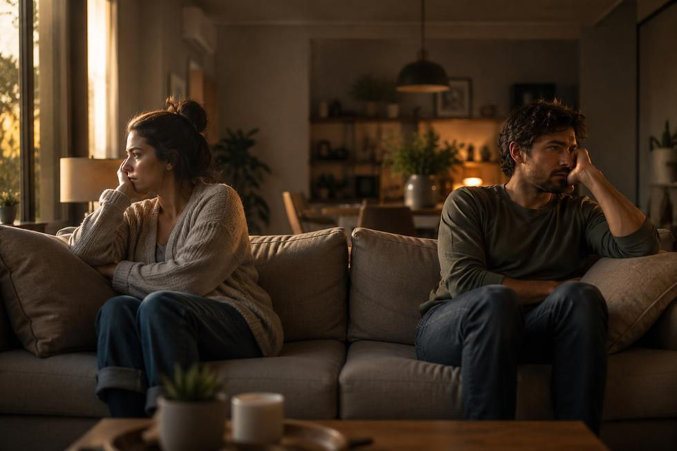 Deux adultes en couple sont assis à distance sur un canapé. L'un semble inquiet, tandis que l'autre paraît émotionnellement fatigué. Cette scène illustre la peur de l'abandon dans le couple et l'épuisement que peut ressentir le partenaire qui rassure régulièrement