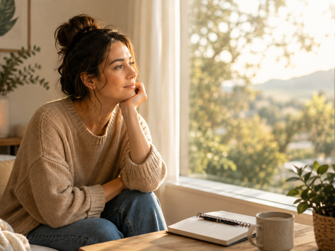 Une femme profite d'un moment de calme et lumineux tout en semblant légèrement pensive, illustrant la difficulté à se détendre et à profiter du présent après une période de stress