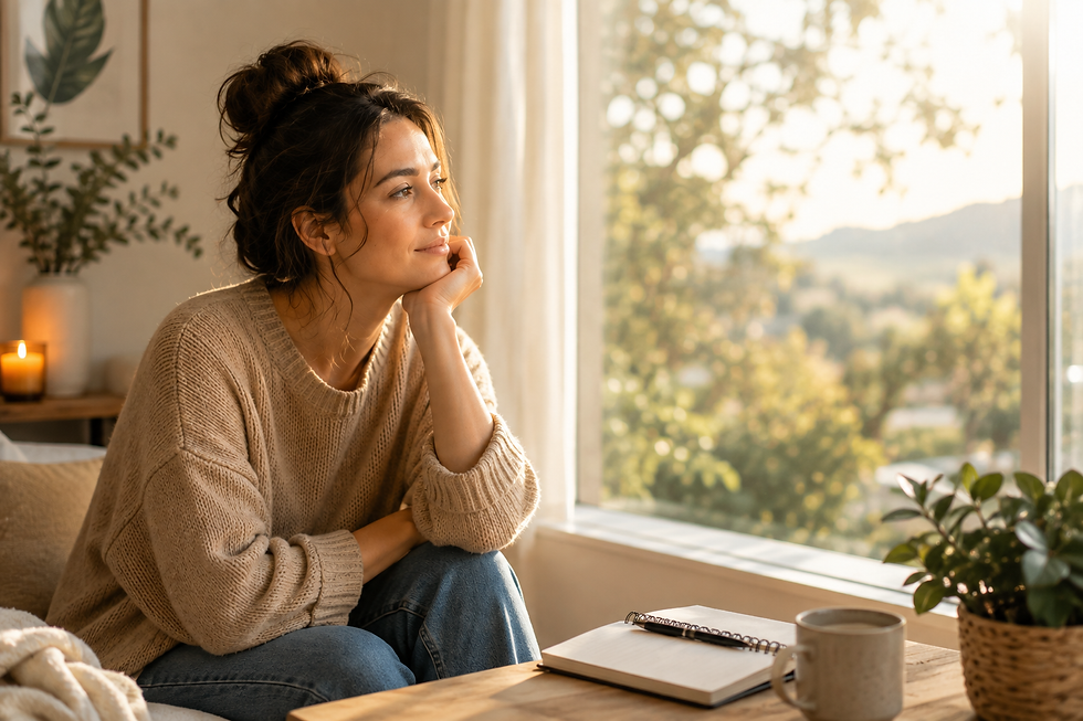 Une femme profite d'un moment de calme et lumineux tout en semblant légèrement pensive, illustrant la difficulté à se détendre et à profiter du présent après une période de stress