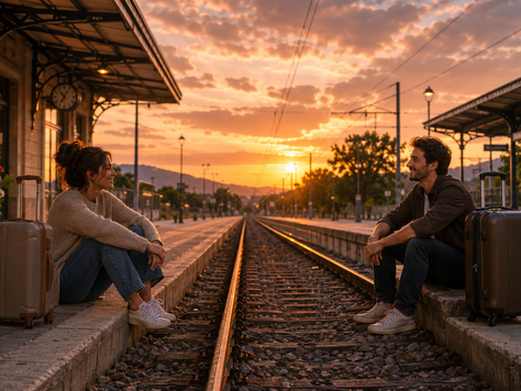 2 personnes séparées par les rails d'une gare se regardent avec émotion, illustrant une relation à distance après les vacances.