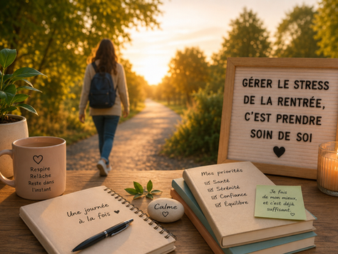 Une personne avance sereinement sur un chemin bordé d'arbres à l'approche de la rentrée, symbolisant une gestion apaisée du stress, des émotions et des périodes de transitions