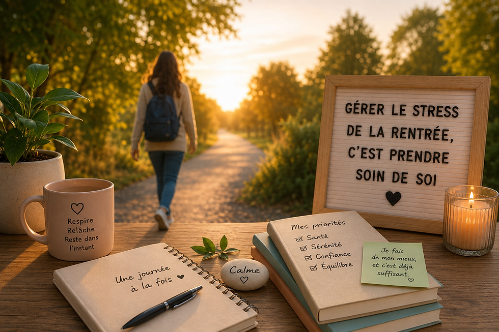 Une personne avance sereinement sur un chemin bordé d'arbres à l'approche de la rentrée, symbolisant une gestion apaisée du stress, des émotions et des périodes de transitions