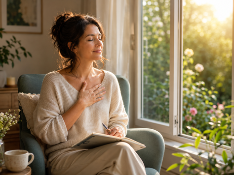 Femme assise près d'une fenêtre, les yeux fermé et une main sur cœur, illustrant l'écoute et l'acceptation des ses émotions.
