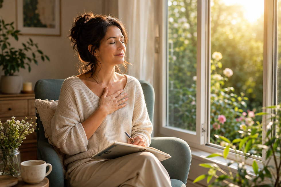 Femme assise près d'une fenêtre, les yeux fermés et une main sur le cœur, illustrant l'écoute et l'acceptation de ses émotions.
