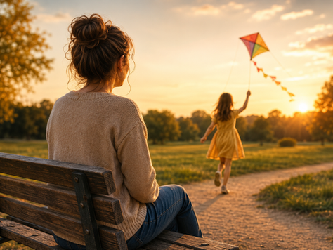 Femme observant une petite fille dans un parc, symbolisant le lien entre l'enfance et la vie adulte