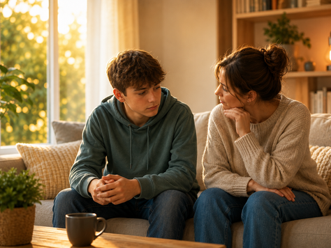 Un parent et son adolescent assis côte à côte sur un canapé en fin de journée, échangeant calmement, illustrant la communication, l'écoute et la confiance pendant l'adolescence.