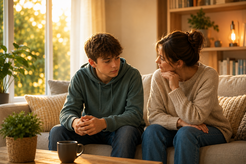Un parent et son adolescent sont assis côte à côte sur un canapé en fin de journée, échangeant calmement, illustrant la communication, l'écoute et la confiance pendant l'adolescence.