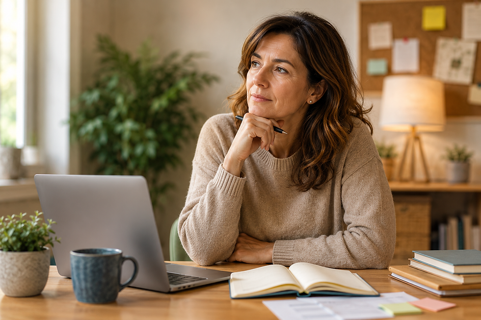 Une femme d'une cinquantaine d'années réfléchit à son avenir professionnel devant son ordinateur et carnet, illustrant le questionnement autour du fait de changer de métier à 40 ou 50 ans et d'envisager une reconversion.