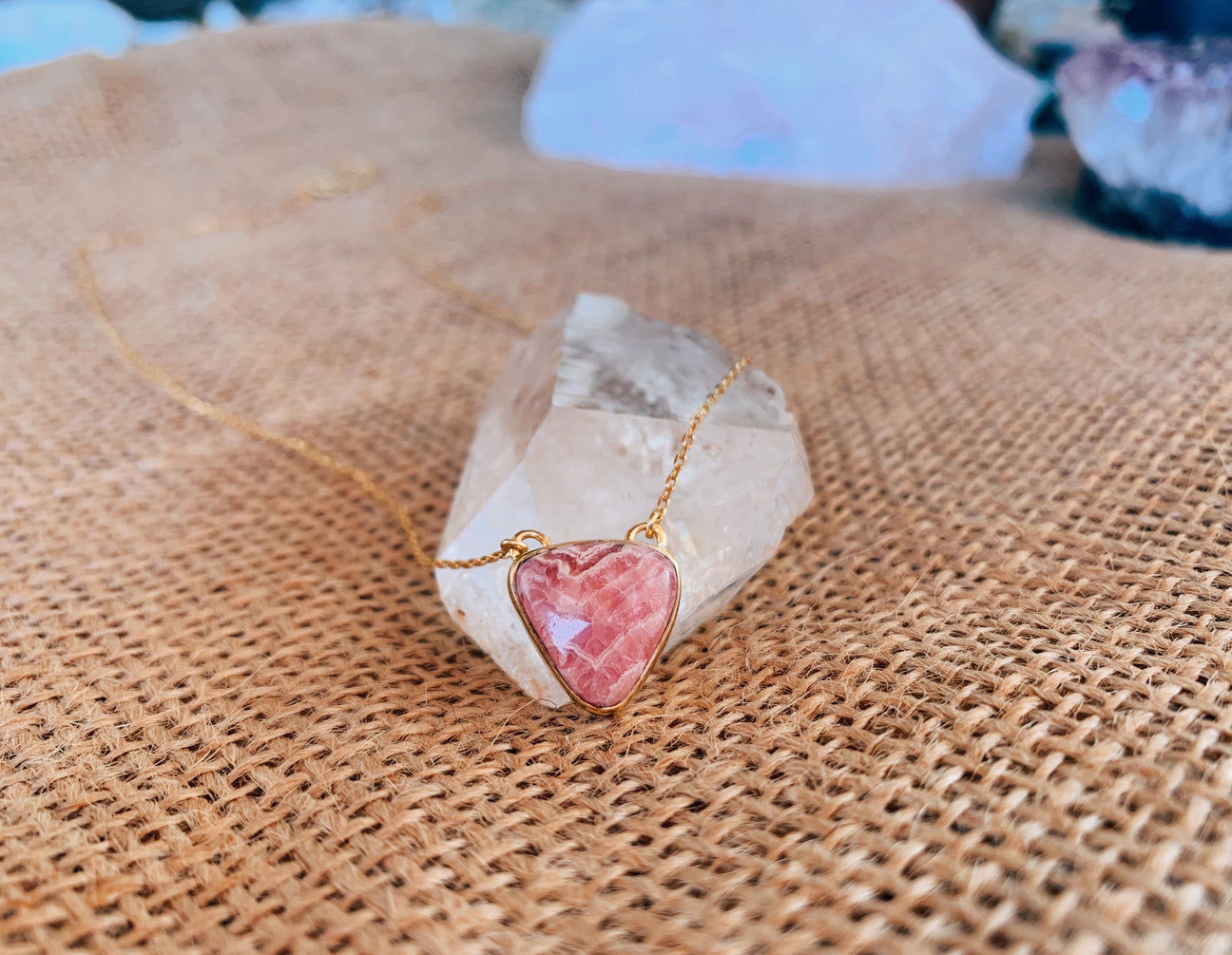 Rhodochrosite Triangle Gold Necklace