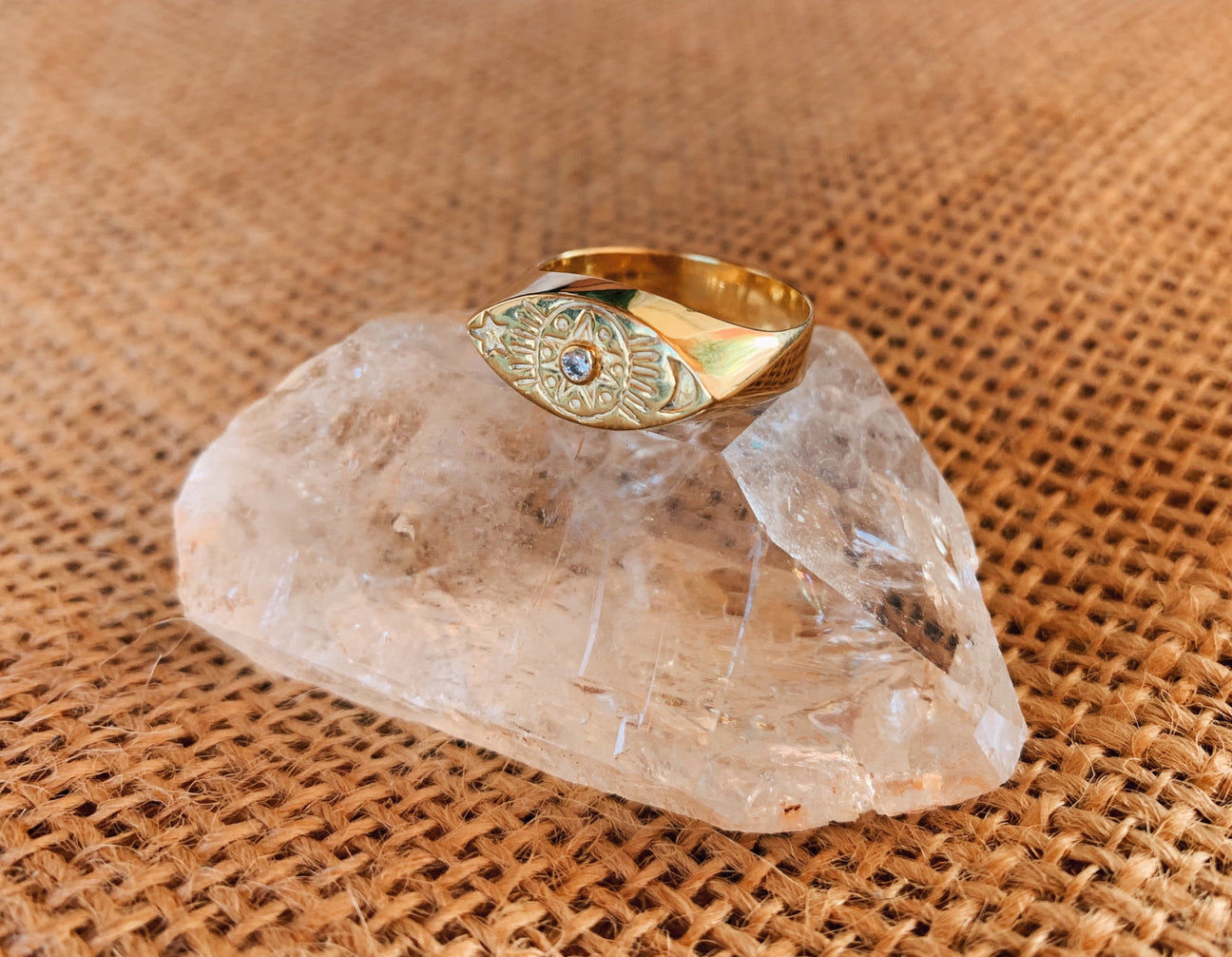 Moon Star Sun Zirconia Gold Signet Ring