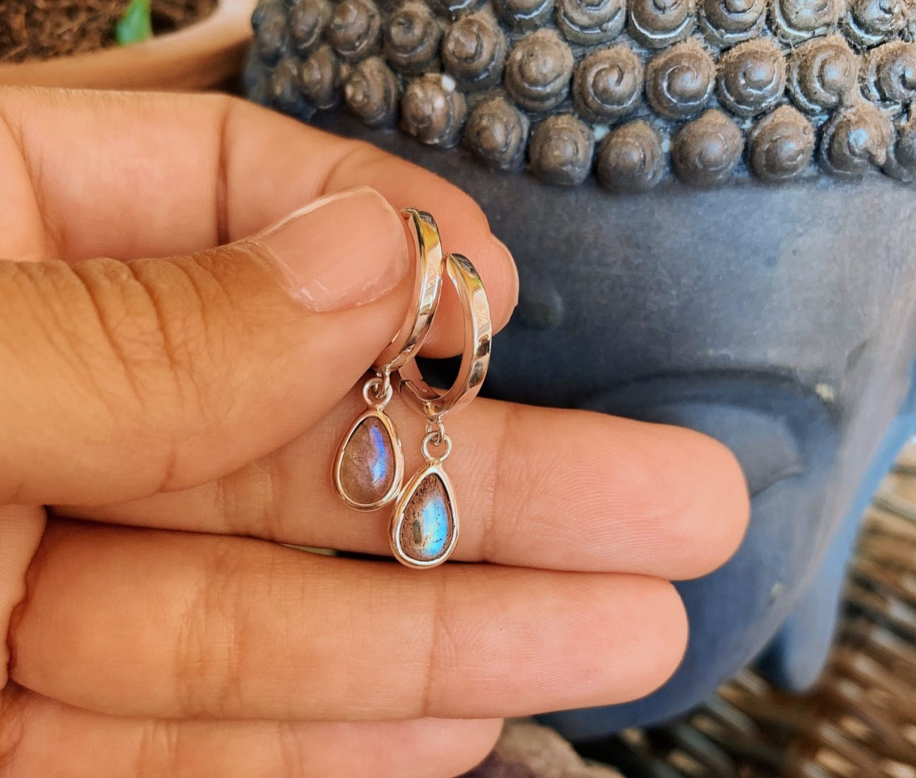 Brinco Argola Labradorita Gota Prata 925