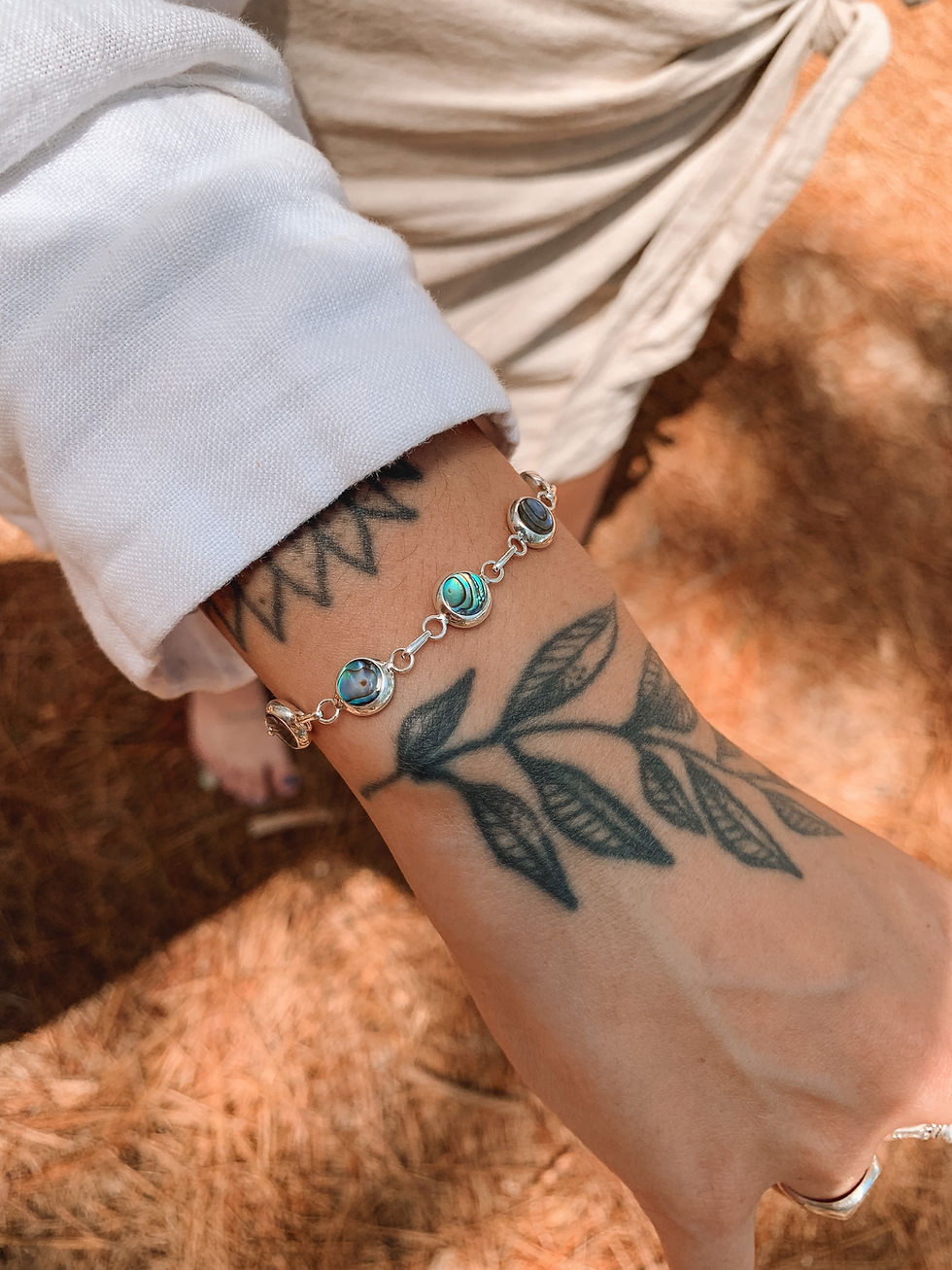 Thumbnail: Mother of Pearl and Abalone Double-Sided Silver Bracelet