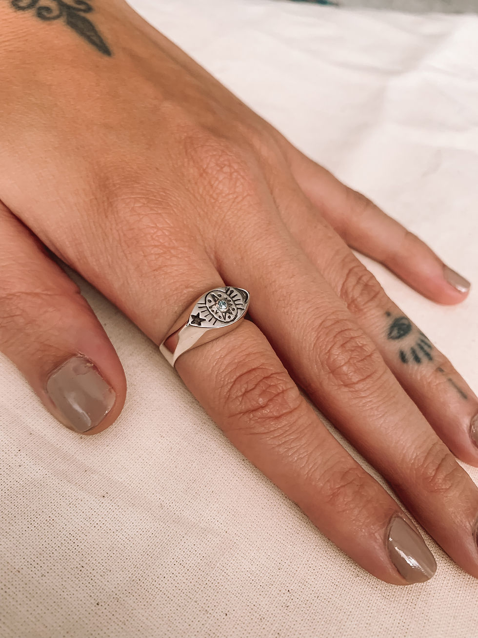 Thumbnail: Moon Star Sun Zirconia Silver Signet Ring