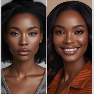 Black woman's before and after makeup transformation.