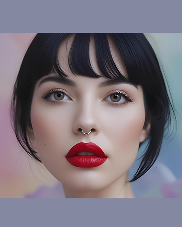 Woman with clear winter skin tone, dark brown hair, and brown eyes with ideal makeup for her skin tone with bright red lips.