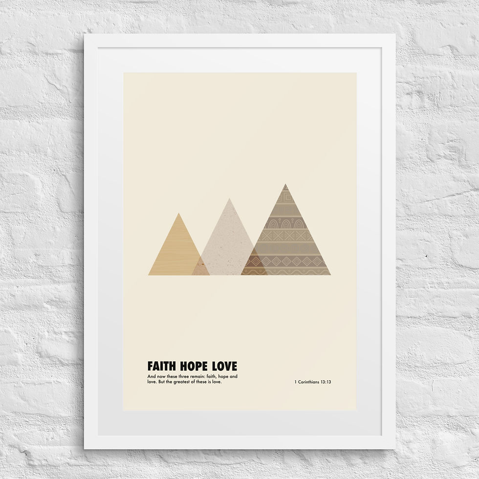 Thumbnail: Faith Hope Love 1 Corinthians 13:13 black framed poster with geometric triangle design in beige brown gray tones Christian wa