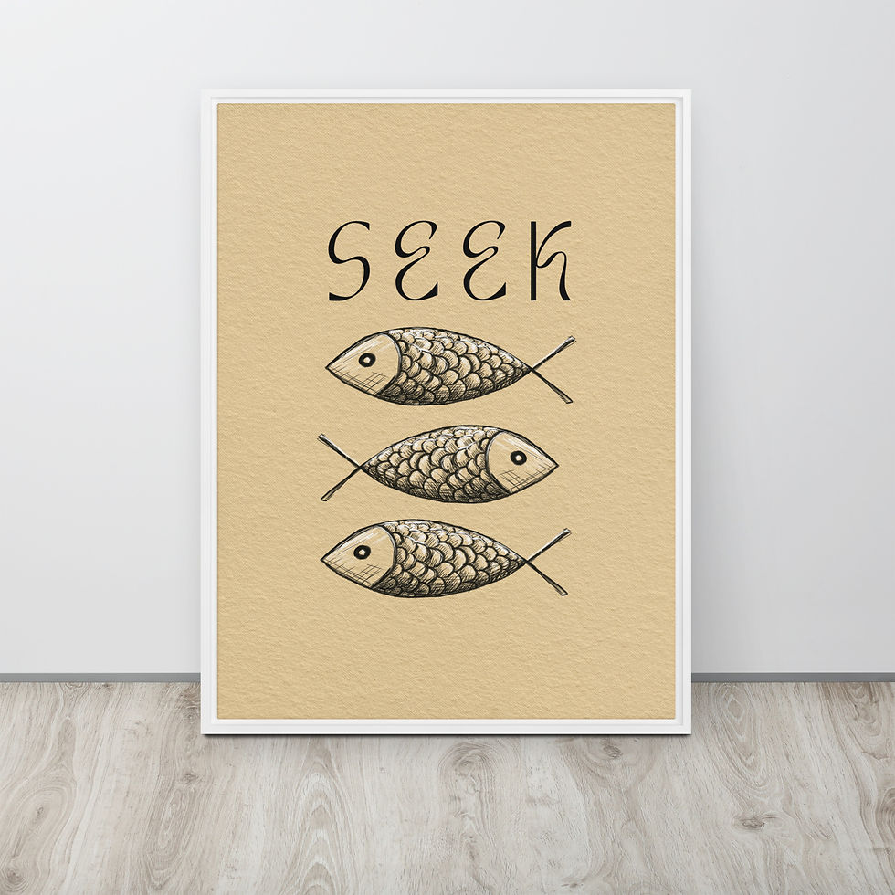 Thumbnail: Ichthys Seek Christian fish symbol black framed poster with Jesus fish line art Luke 11:9-10 minimalist ancient symbol beige