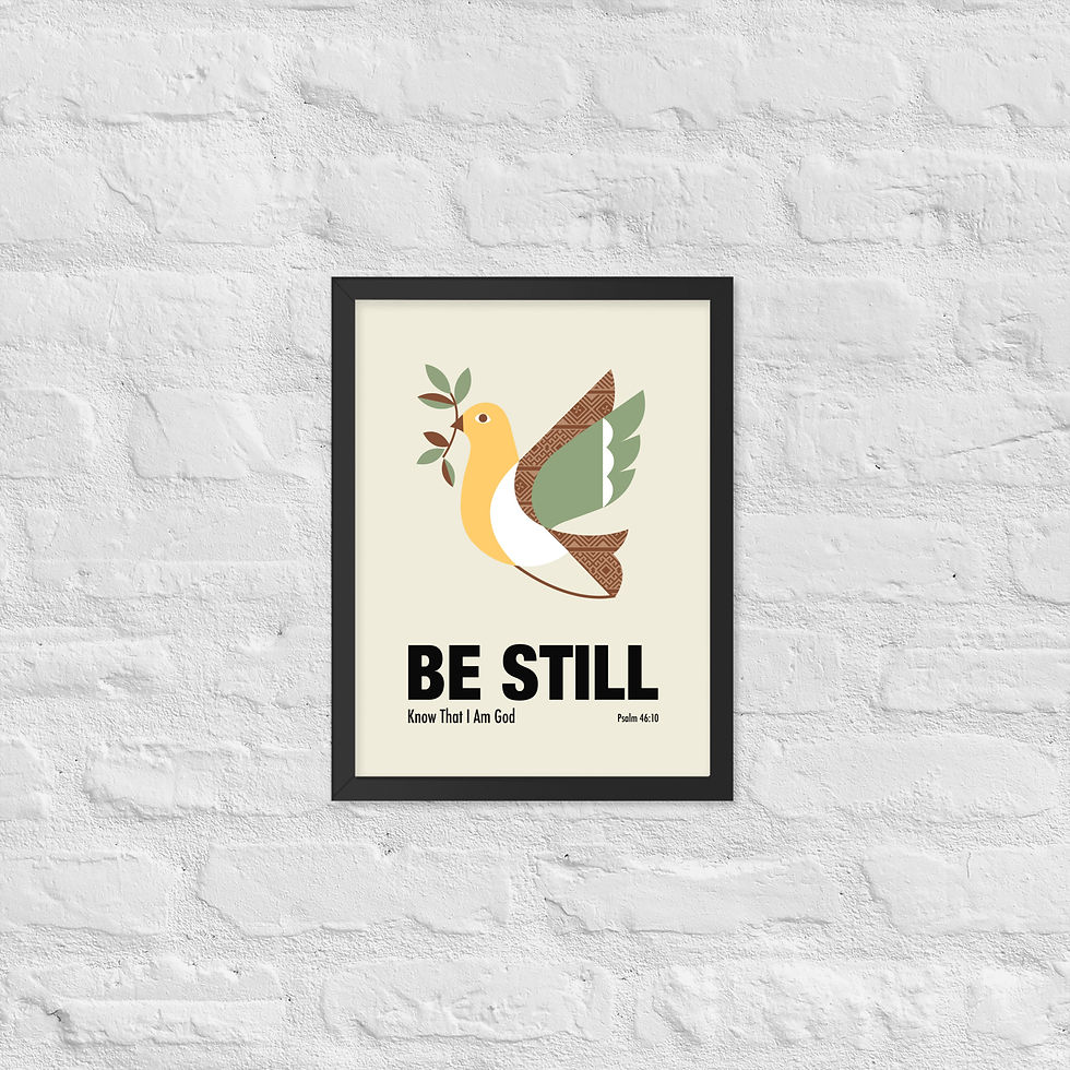 Thumbnail: Be Still Psalm 46:10 affordable framed poster Christian art minimalist dove olive branch warm earth tones calming scripture w