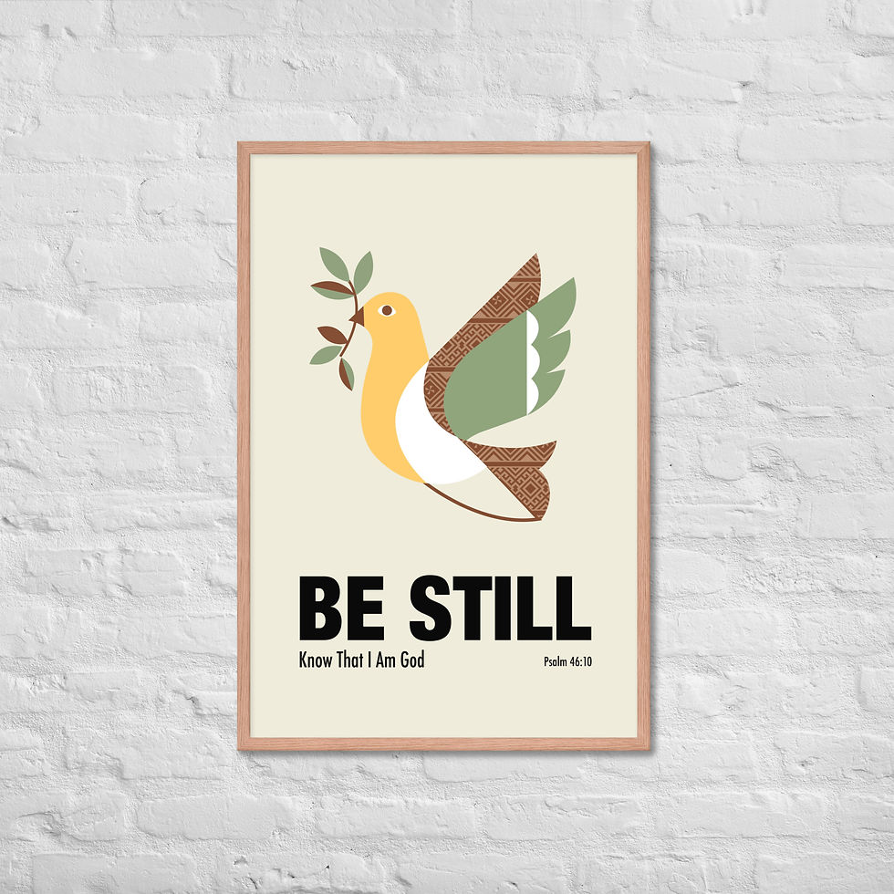 Thumbnail: Be Still Psalm 46:10 affordable framed poster Christian art minimalist dove olive branch warm earth tones calming scripture w