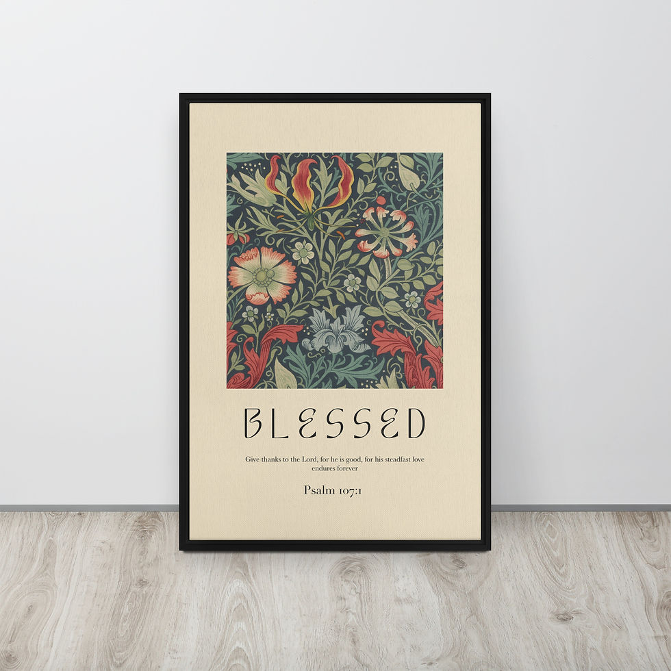 Thumbnail: Blessed Psalm 107:1 framed canvas multicultural Christian floral art with vibrant botanical patterns green red yellow decorat