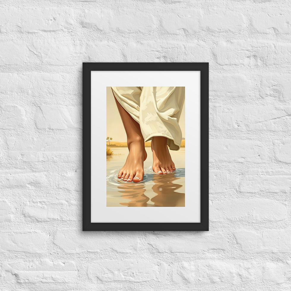 Walking on Water Matthew 14:29 Christian wall art black framed poster feet walking on calm water with ripples muted blue whit