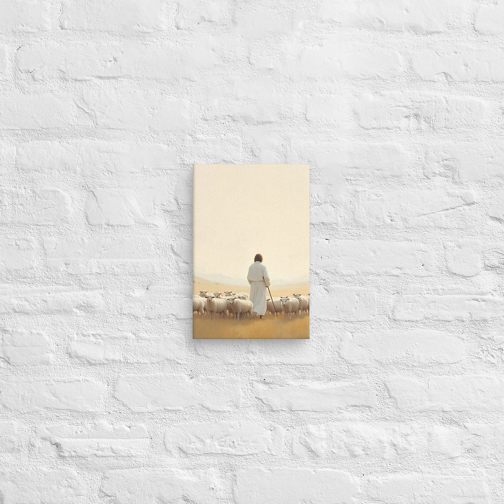 Thumbnail: Psalm 23:1 Good Shepherd unframed canvas Christian art Jesus with sheep flock warm earthy ochre tan tones pastoral landscape