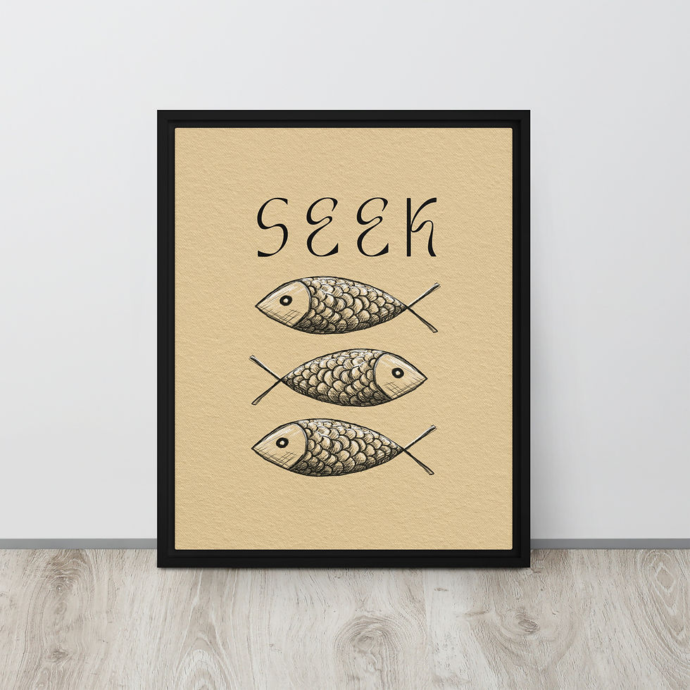 Thumbnail: Ichthys Seek Christian fish symbol black framed poster with Jesus fish line art Luke 11:9-10 minimalist ancient symbol beige