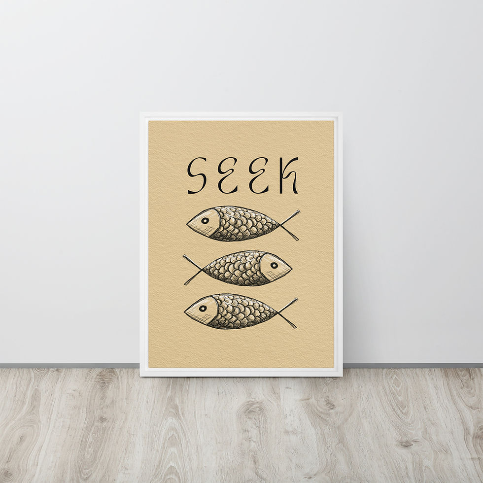 Thumbnail: Ichthys Seek Christian fish symbol black framed poster with Jesus fish line art Luke 11:9-10 minimalist ancient symbol beige