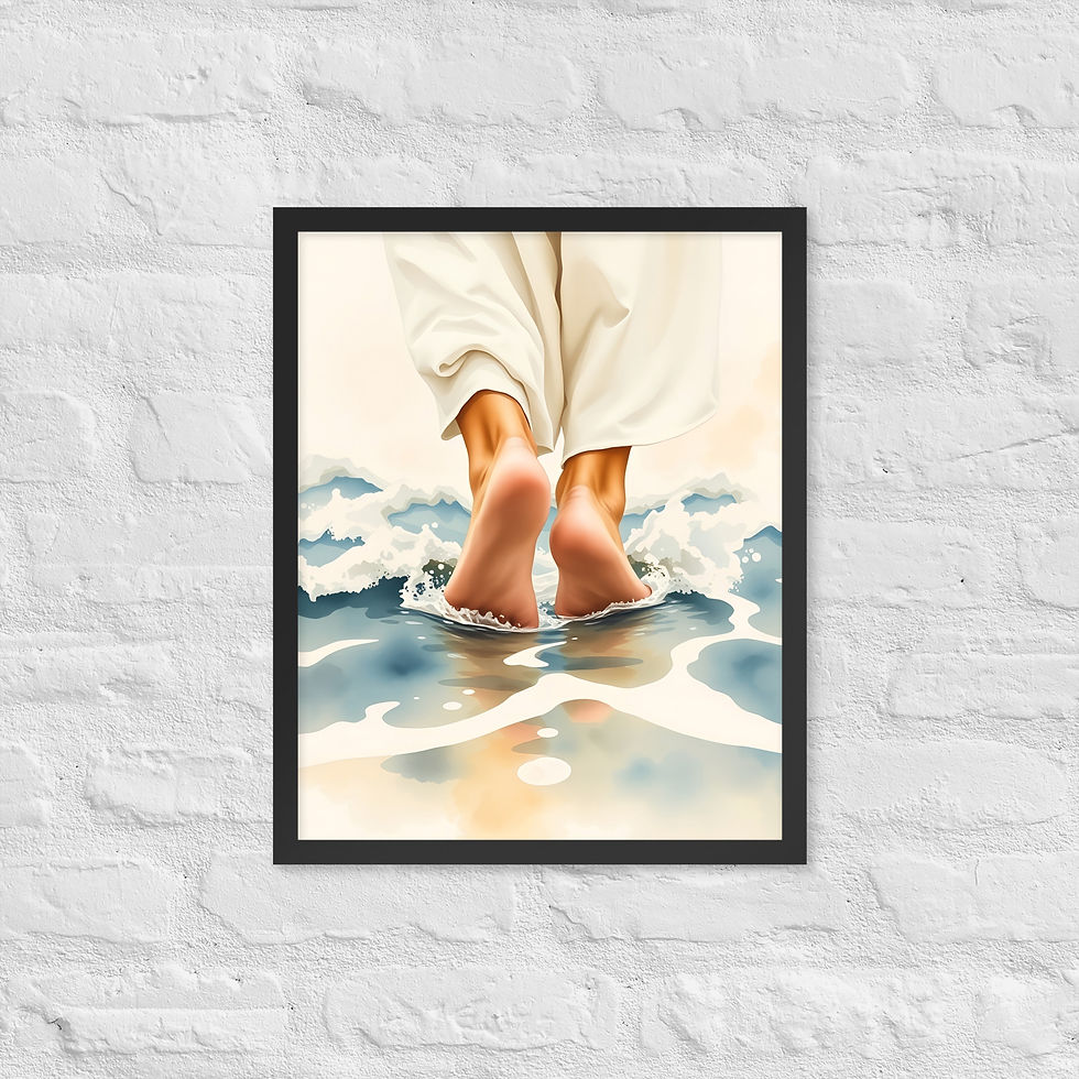 Thumbnail: Walking on Water Matthew 14:29 affordable framed poster Christian art feet on water ripples soft blue neutral tones faith ove