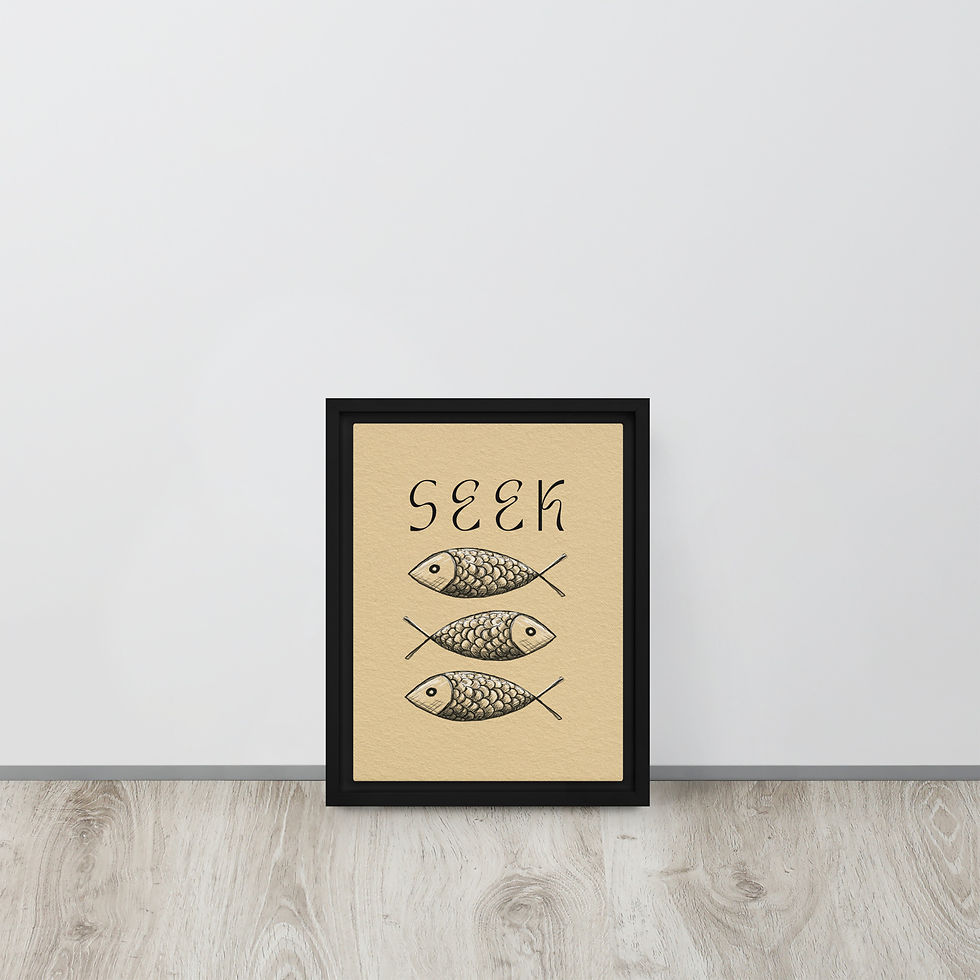 Thumbnail: Ichthys Seek Christian fish symbol black framed poster with Jesus fish line art Luke 11:9-10 minimalist ancient symbol beige