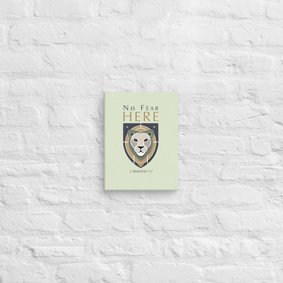Thumbnail: No Fear Here 2 Timothy 1:7 unframed canvas print Christian wall art lion shield emblem soft green gray minimalist courage fai