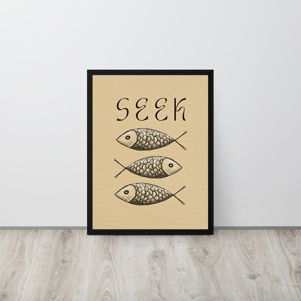 Thumbnail: Ichthys Seek Christian fish symbol black framed poster with Jesus fish line art Luke 11:9-10 minimalist ancient symbol beige
