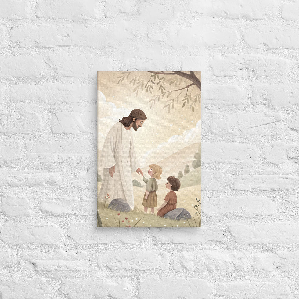Thumbnail: Jesus and Children Matthew 19:14 unframed canvas print Christian wall art Jesus in white robe welcoming children peaceful out