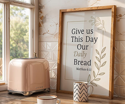 Give Us This Day Our Daily Bread Matthew 6:11 minimalist Christian kitchen wall art with botanical branch design