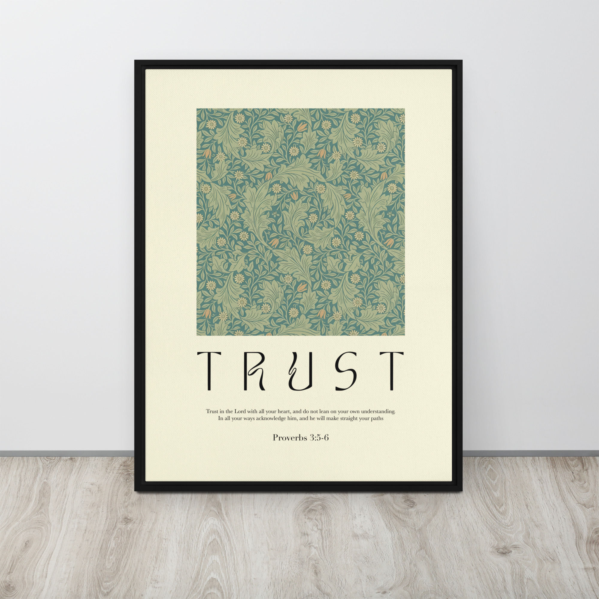 Trust in the Lord Proverbs 3:5-6 framed canvas multicultural Christian wall art with rich green decorative botanical pattern