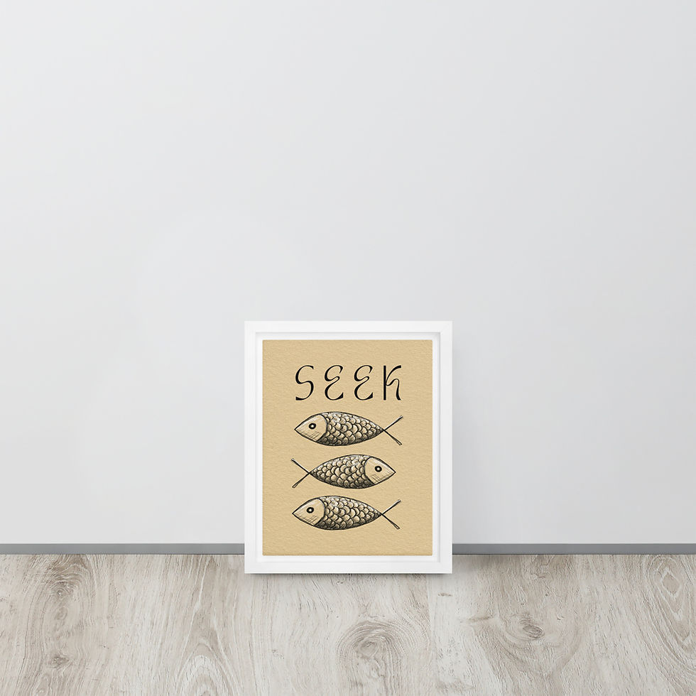 Thumbnail: Ichthys Seek Christian fish symbol black framed poster with Jesus fish line art Luke 11:9-10 minimalist ancient symbol beige